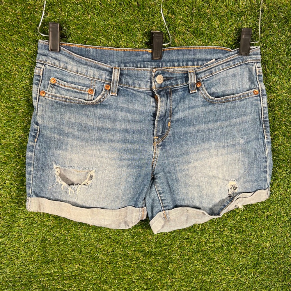 Levis Womens Distressed Denim Shorts Blue Cuffed‎ Mid Rise Size 29
